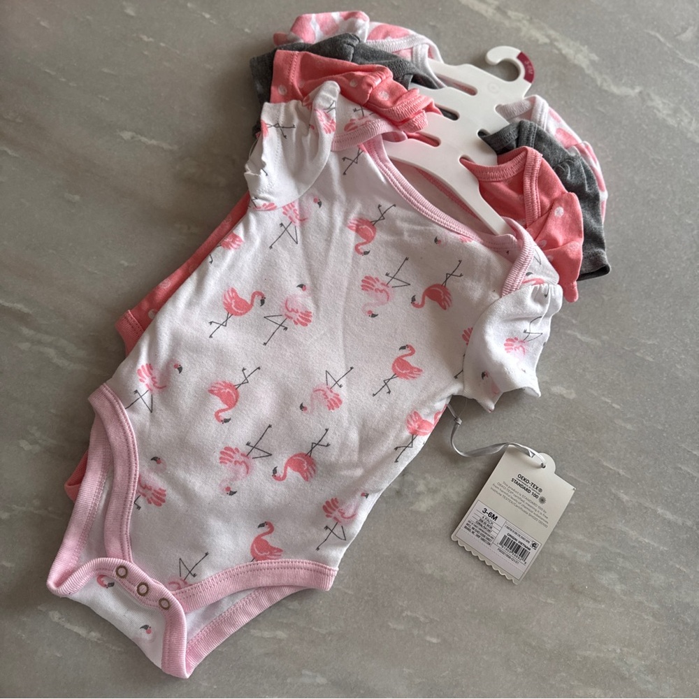 Flamingo Print Baby One Piece Set - Pink, Gray, White